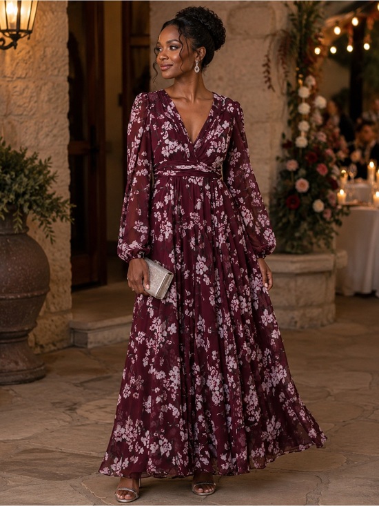Mac Duggal Dresses & Skirts - MacDuggal Floral Chiffon Formal Maxi Gown Dress 2 XS Dark Red Long Sleeve